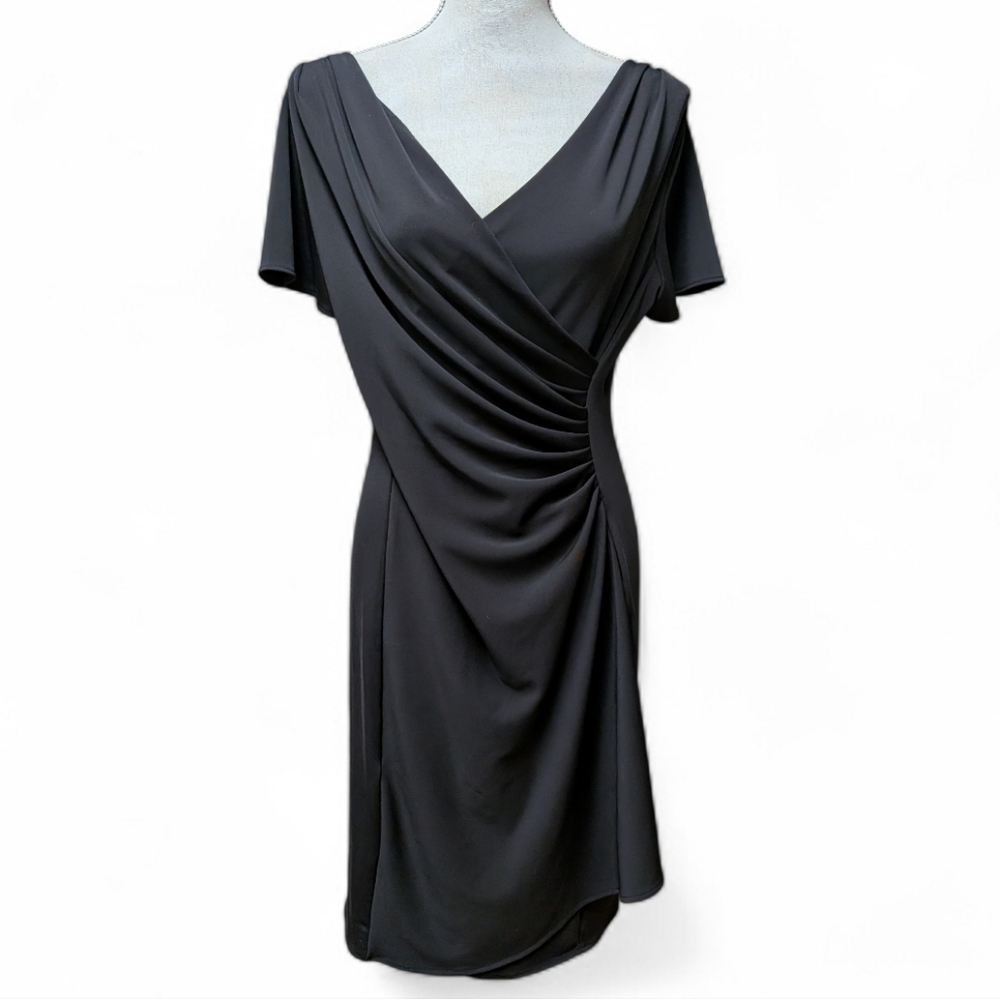 Talbots Black Wrap Style Dress Petite Large Ruched Short Sleeve